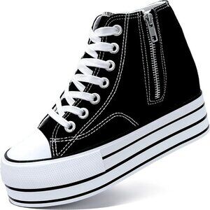 Women's Canvas Platform Sneakers 4 Inch Hidden Wedge High Top Casual Shoe